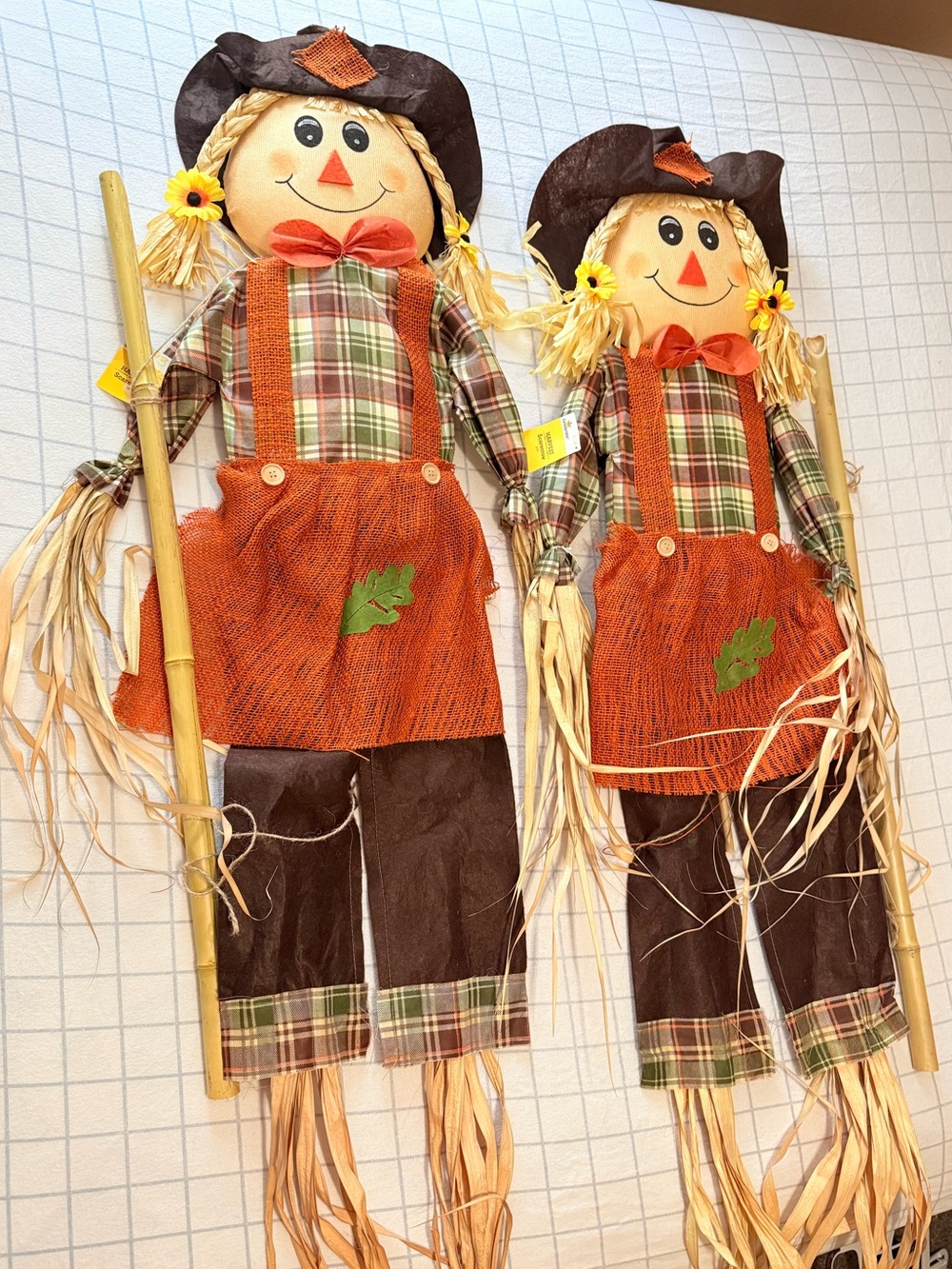 Autumn Orange Plaid Scarecrow Pair with Stand Pole - Fall Holiday Outdoor Decor